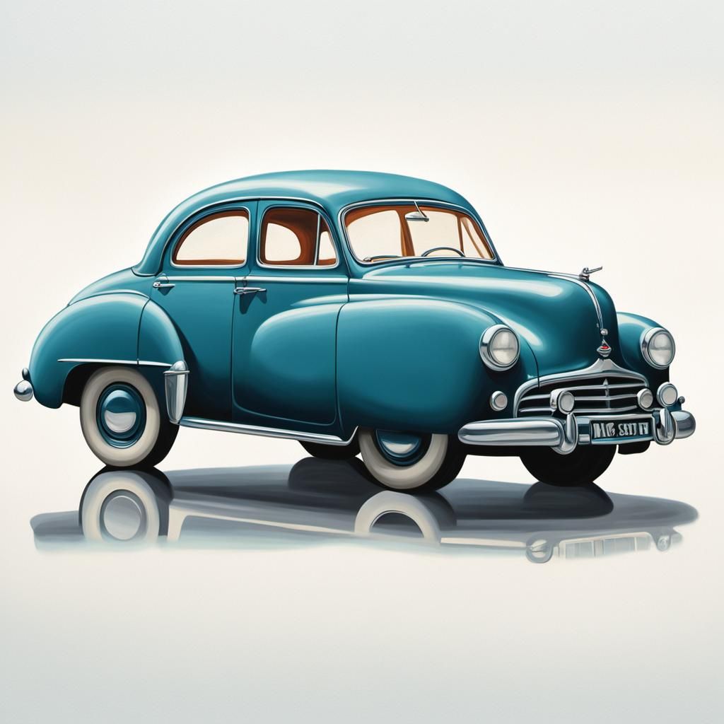 Surreal 1950s Car in Magritte Style, Oil on Canvas