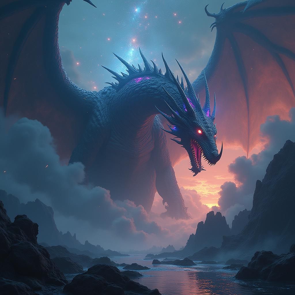 Mystical Galaxy Dragon in Dreamlike Landscape