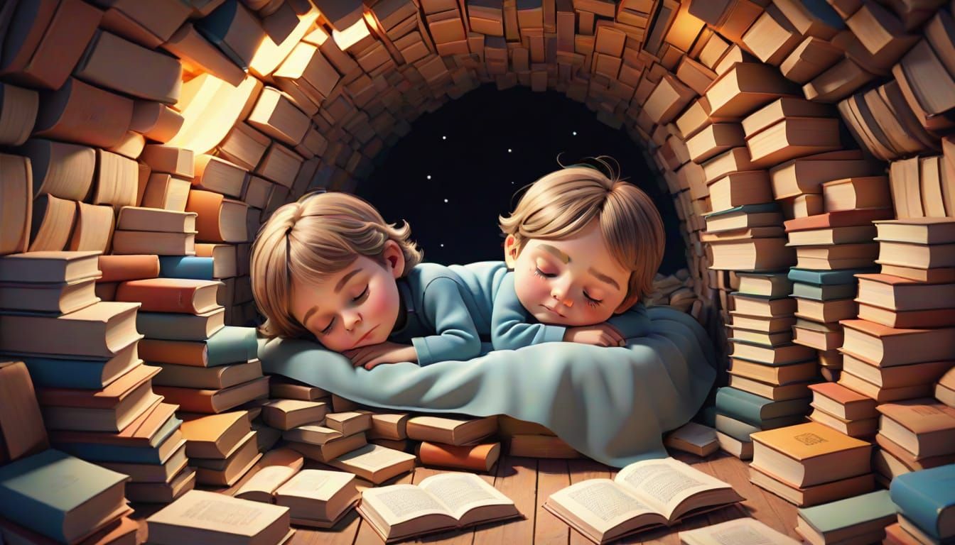 Child Sleeping in Book Cavern: 3D Toon Art