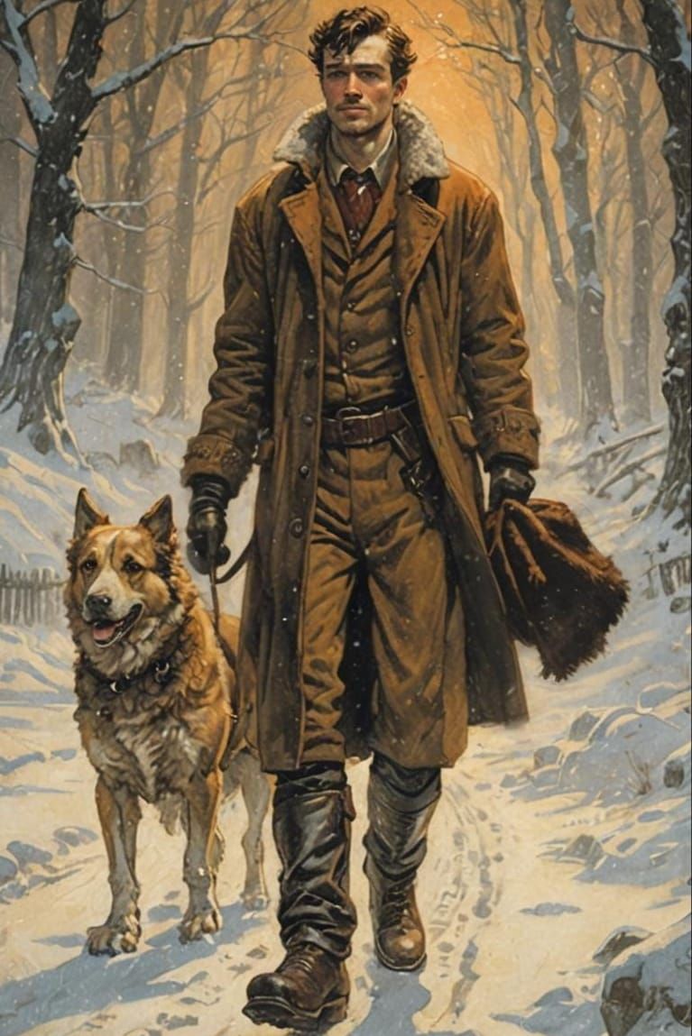 Man and Dog in Winter, Vintage Illustration