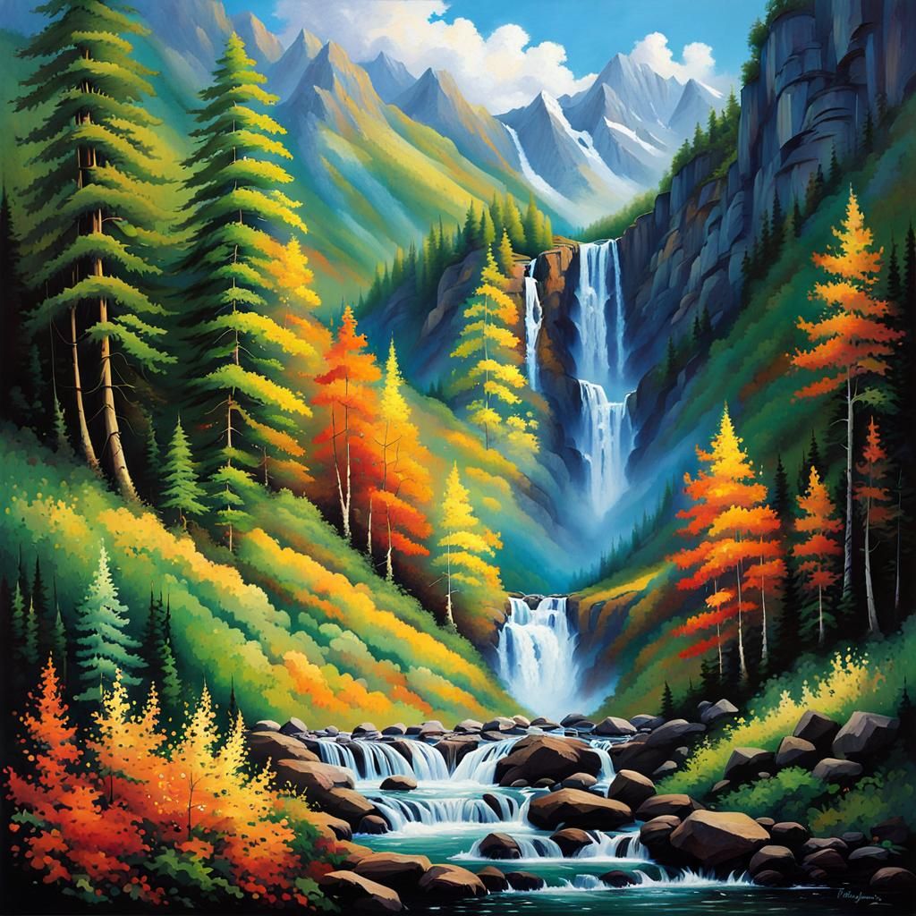 Majestic Waterfall Cascading Down Rugged Mountains