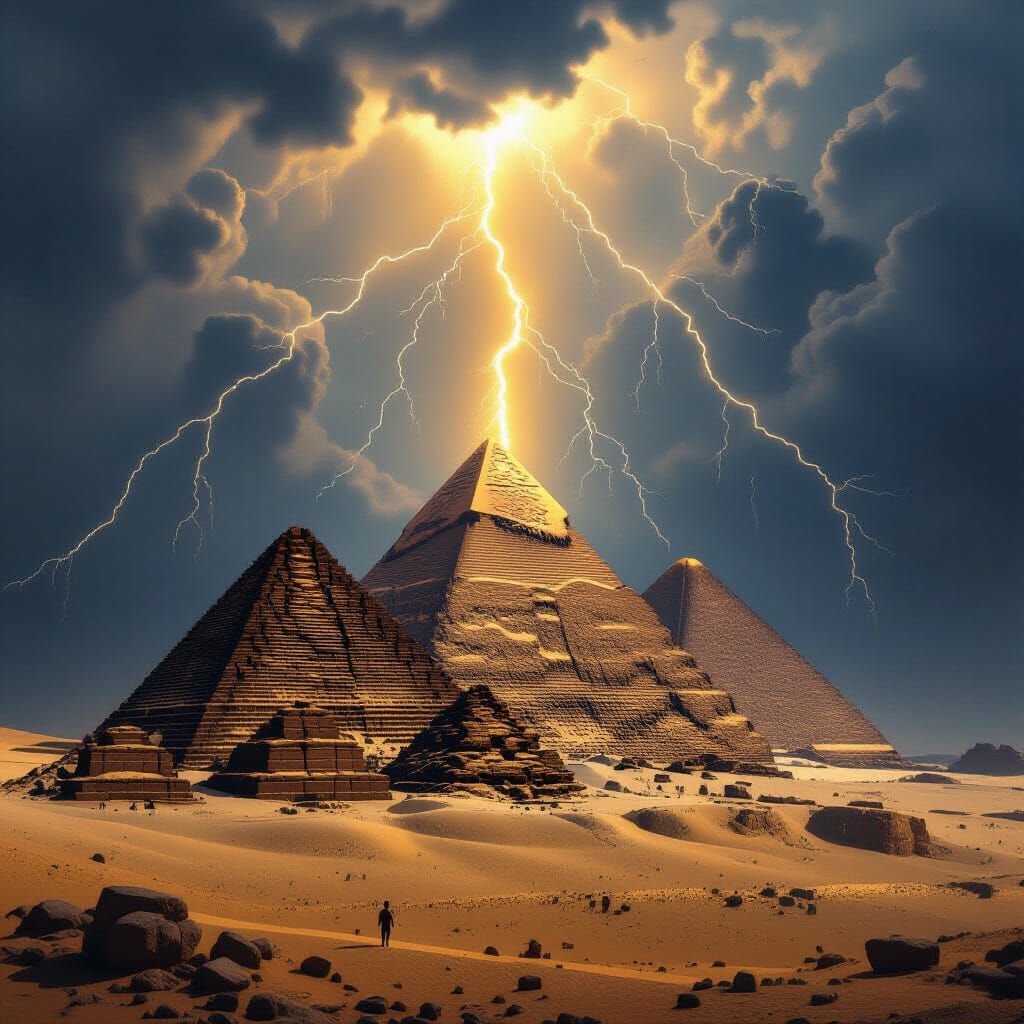 Egyptian Pyramids in Thunderstorm with Golden Light