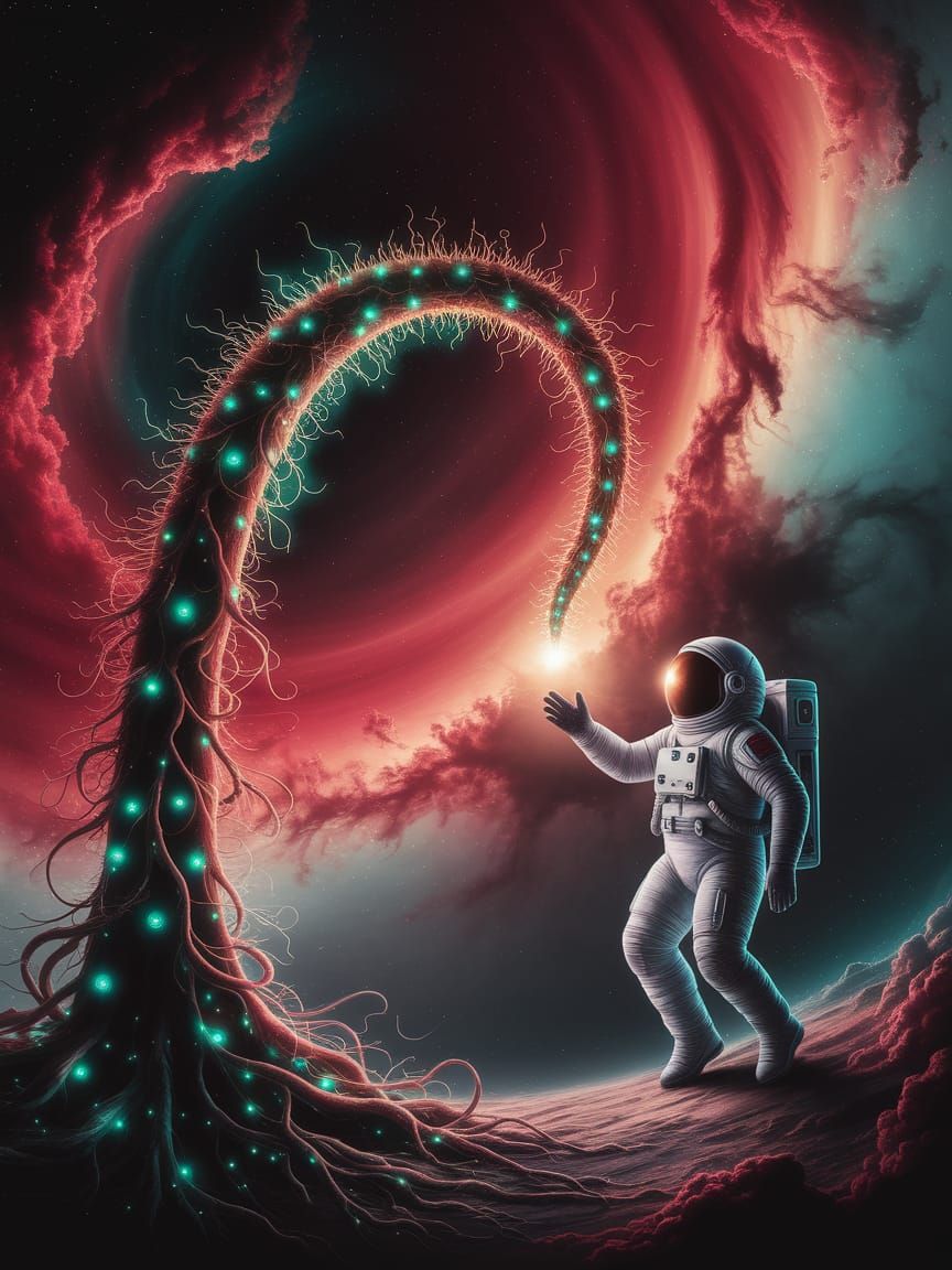 Astronaut Reaches for Alien Plant in Cosmic Nebula