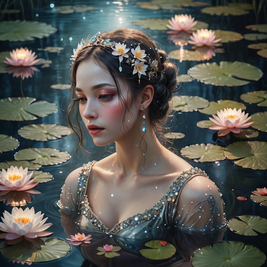 Bejeweled Woman in Moonlit Pond: Surreal Digital Art