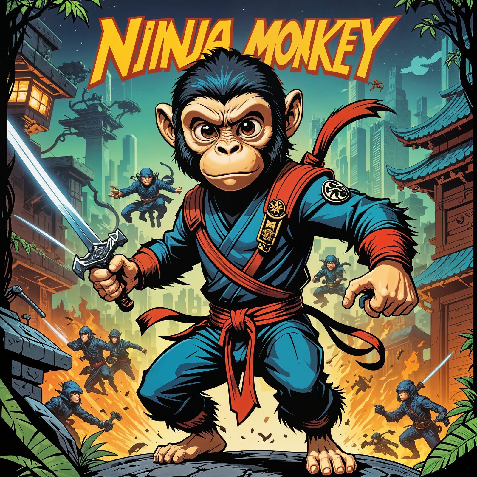 Ninja Monkey Retro Video Game Cover in Comic Art Style