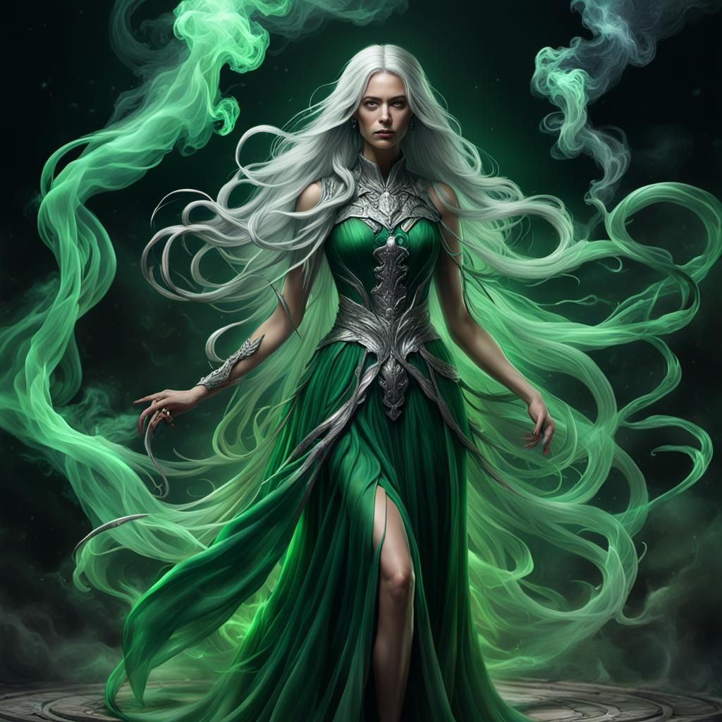 Smokey Woman in Green Dress: Dark Fantasy Art