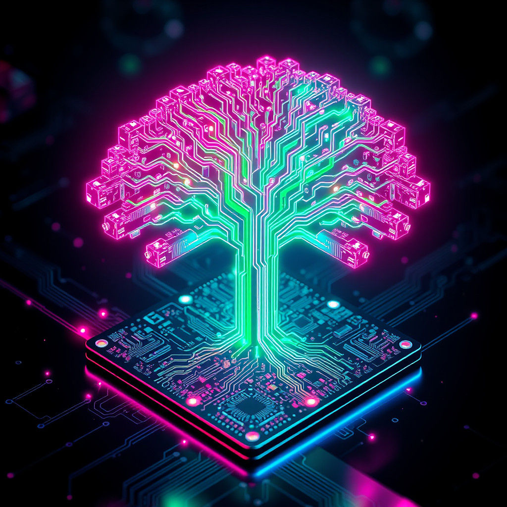 Neon Tree Circuitry in Futuristic Holographic Style