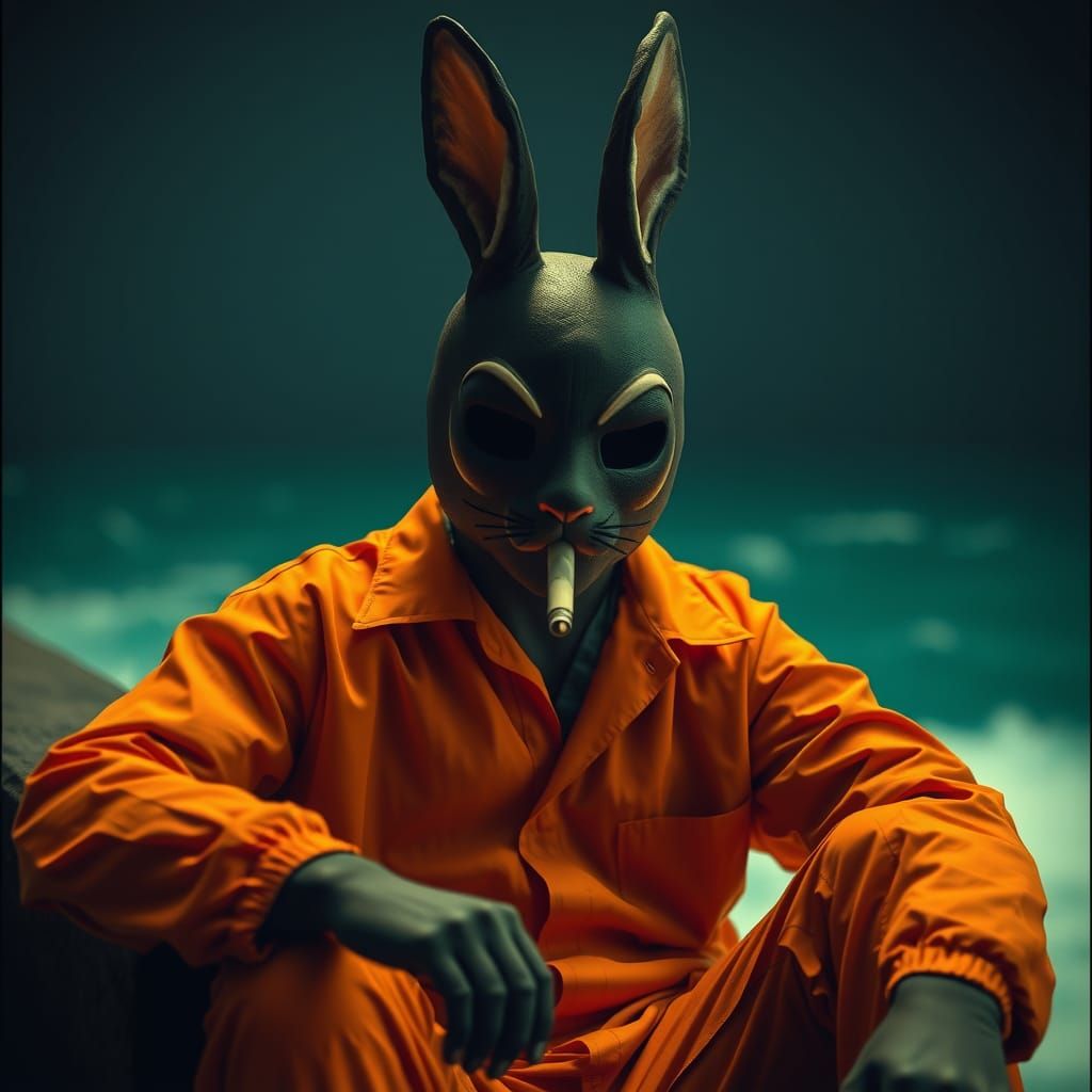 Rabbit Masked Man with Cigar by Ocean