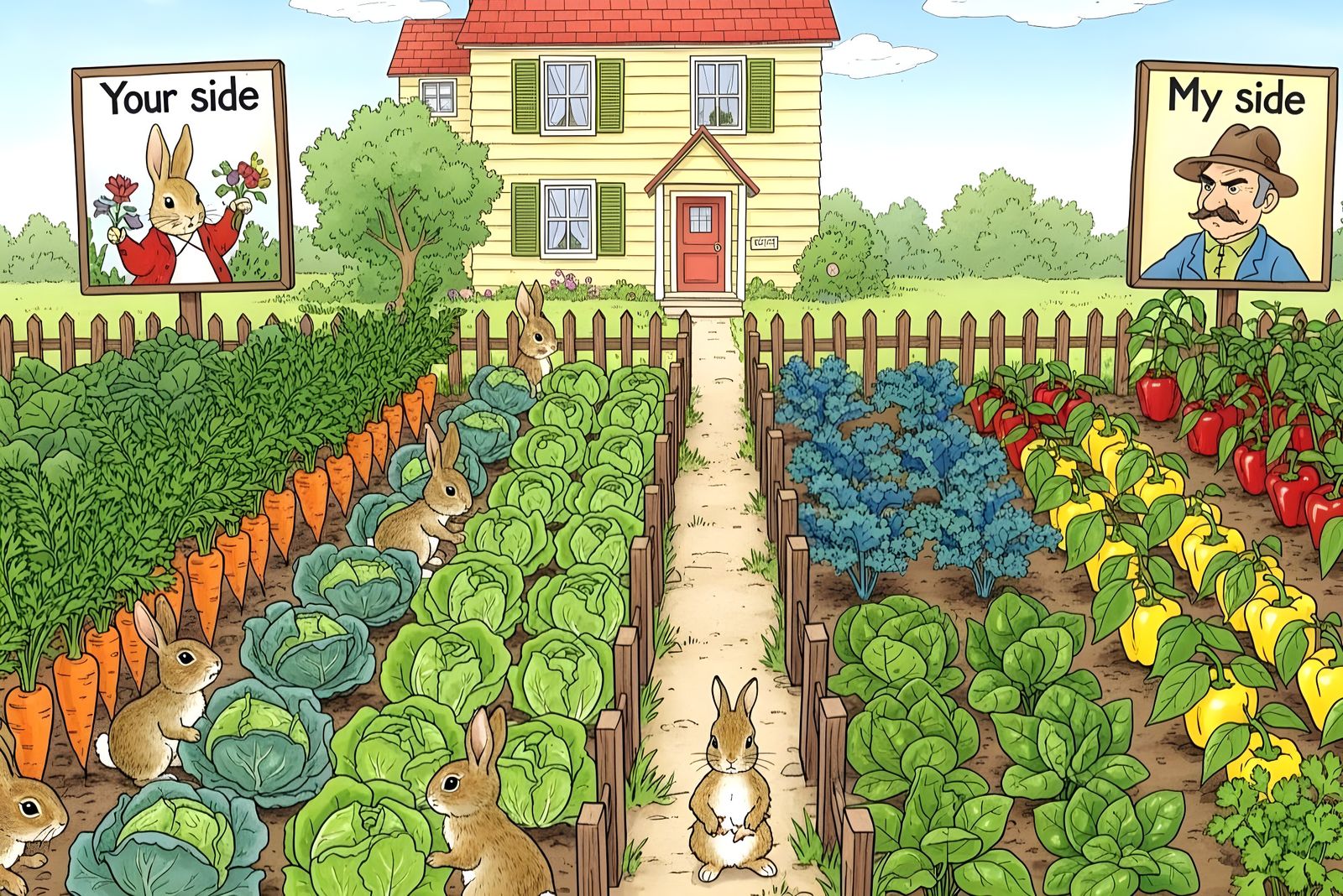 Vibrant Vegetable Garden Divided by Rabbits and Farmer