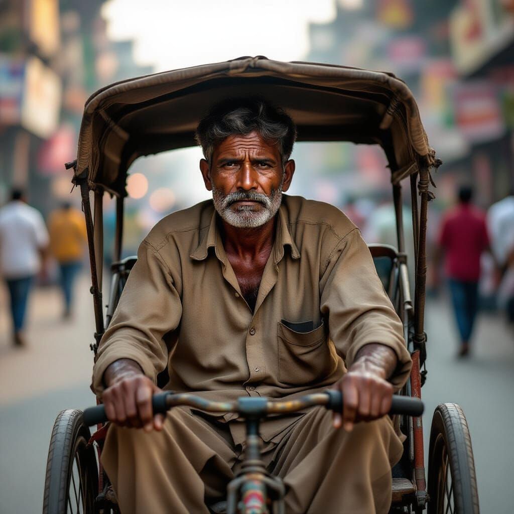 Exhausted Rickshaw Puller Father in Realistic Cinematic Ligh...