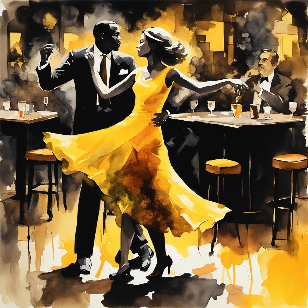 Glamorous Jazz Club Scene in Watercolour and Charcoal