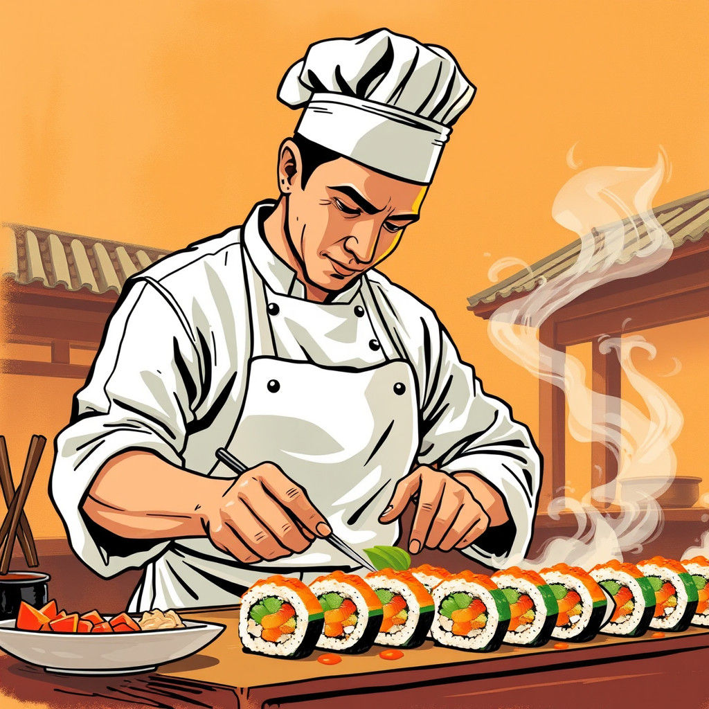 Chef Crafts Sushi in Retro Art Deco Style