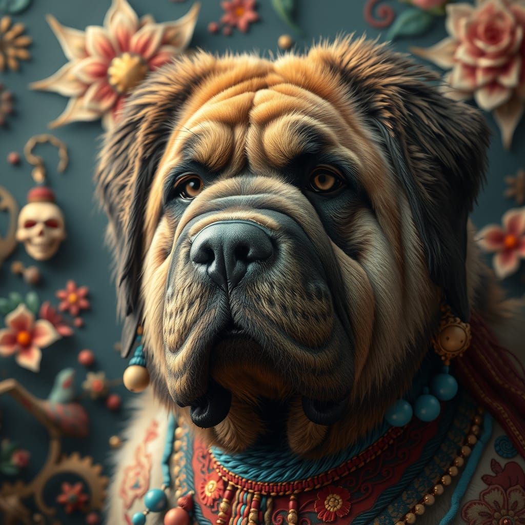 Hyper-Realistic Tibetan Mastiff Portrait with Intricate Embr...