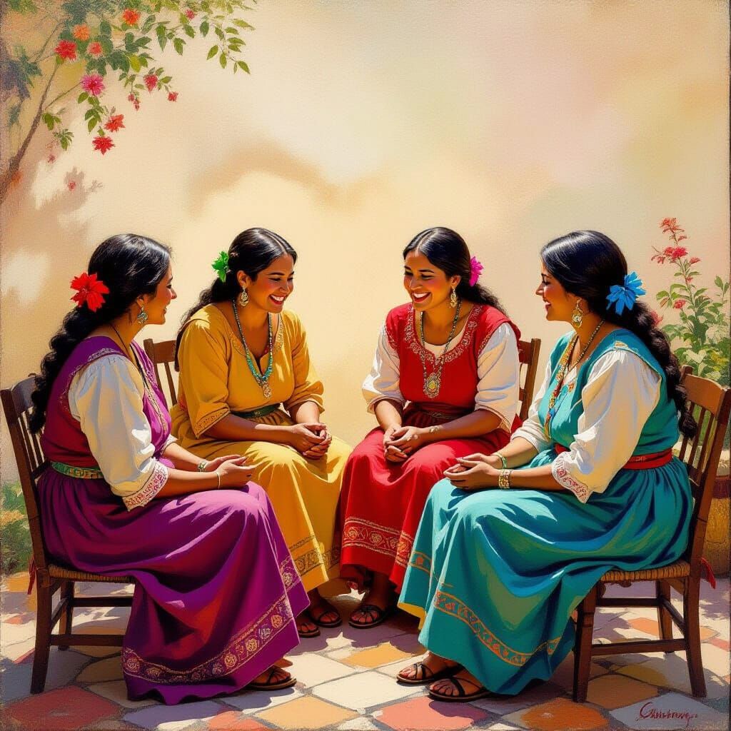 Four Curanderas Laughing in Circle, Oil Painting