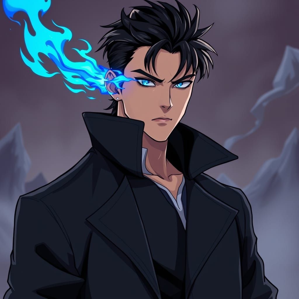 Handsome Man with Blue Flame Eye in Anime Style