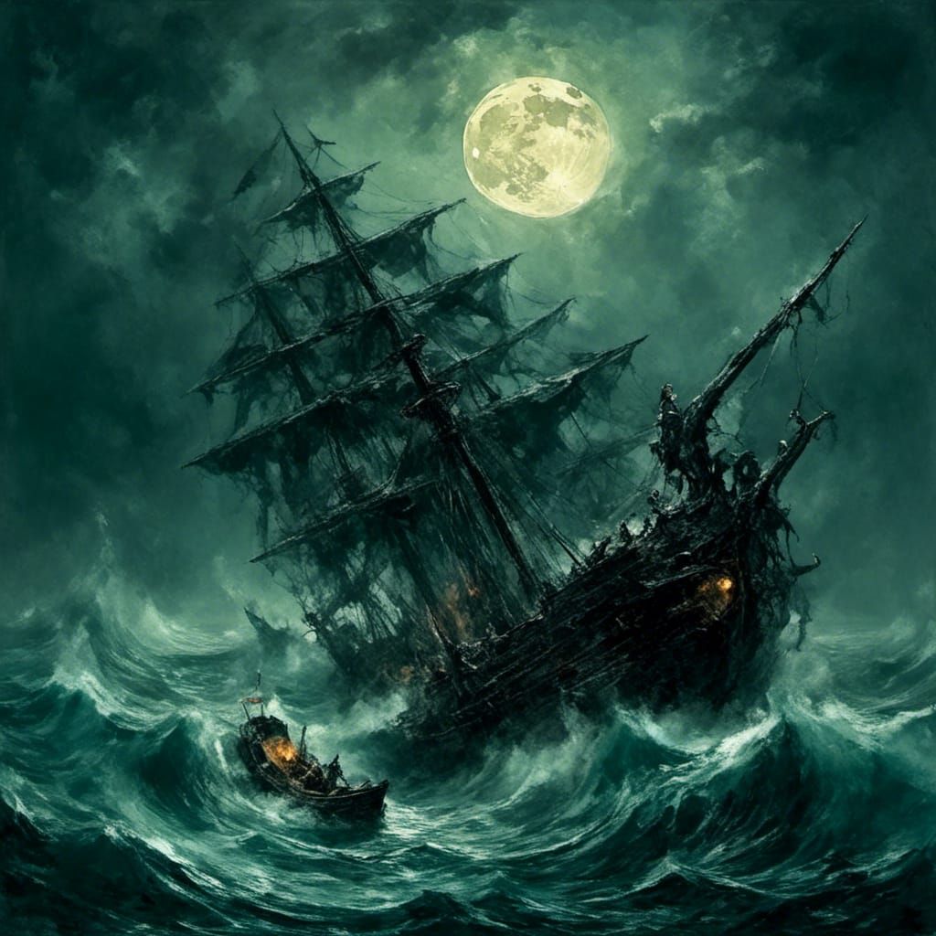 Ghost Ship Amidst Stormy Seas and Sea Monster