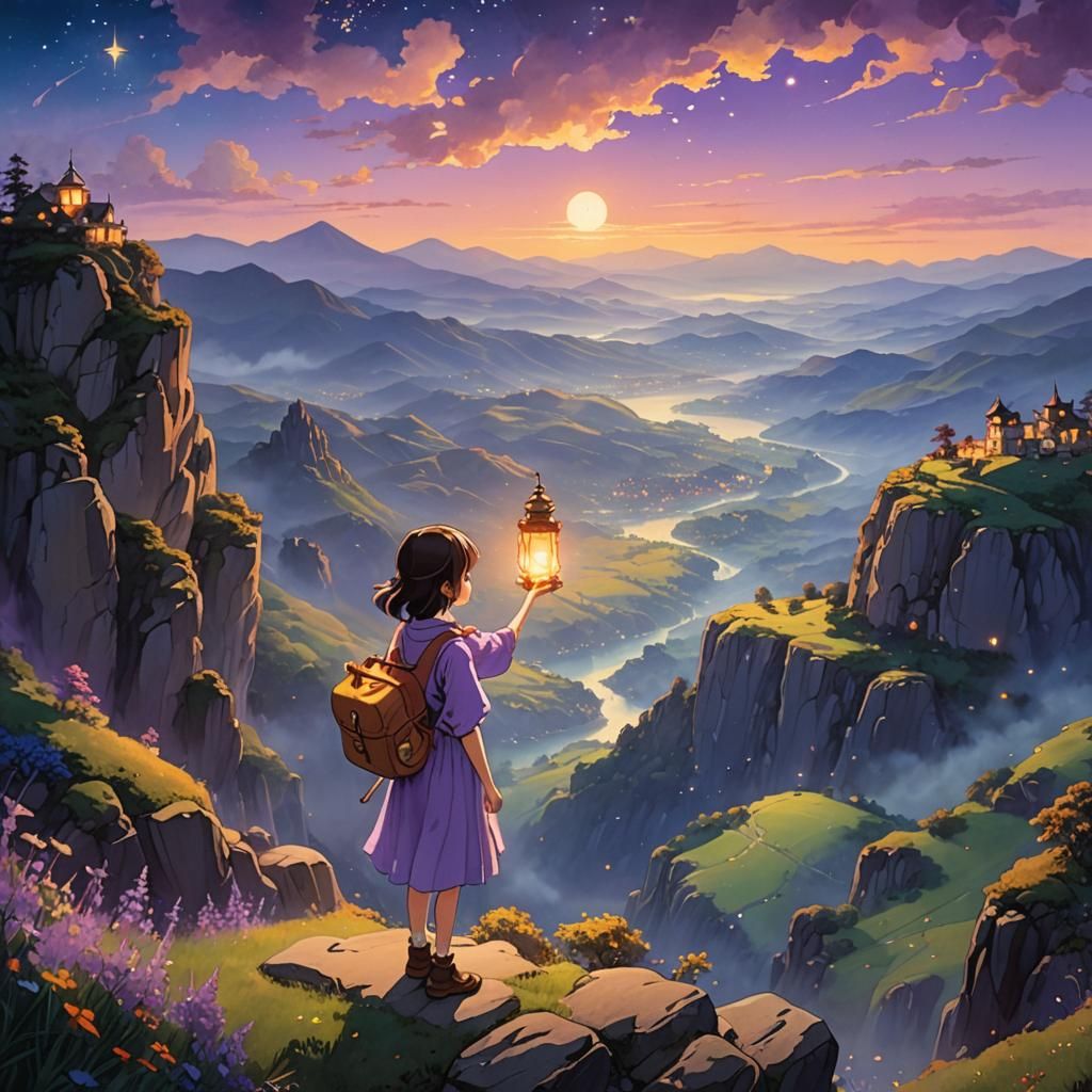 Magical Lantern in Dreamy Ghibli Landscape