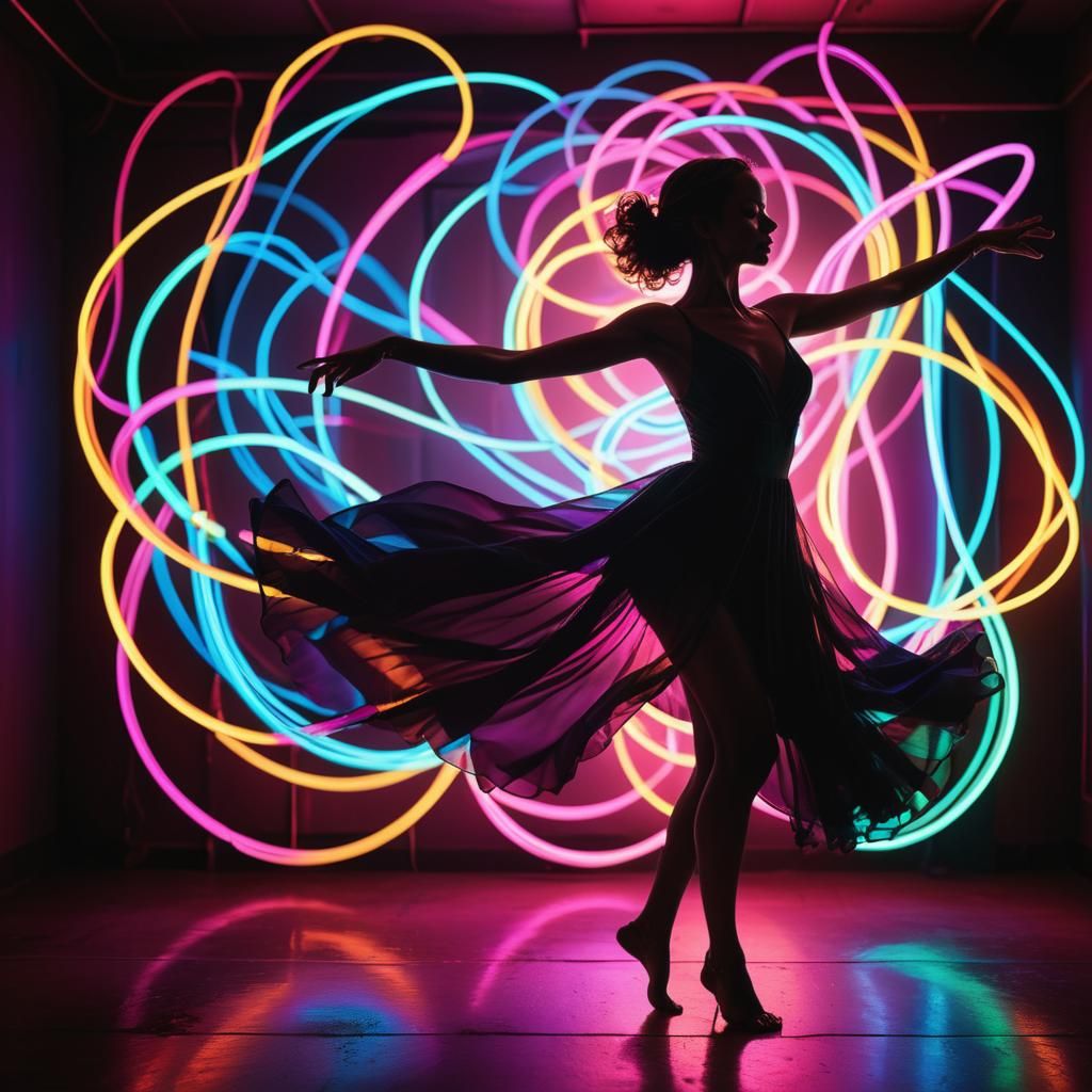 Neon Silhouette: Woman Dancing in Vibrant Light