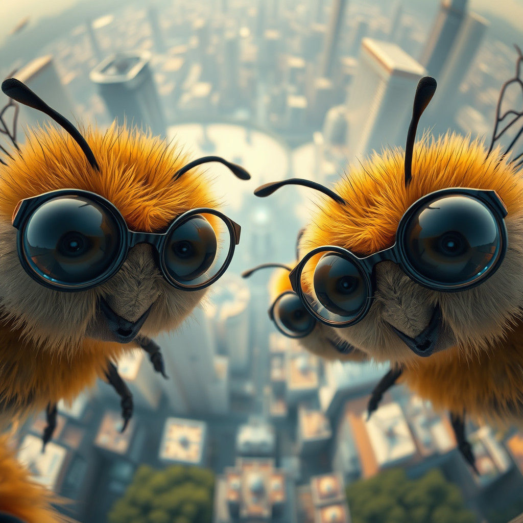 Bees Take Selfie in Futuristic Cityscape, 4K Render