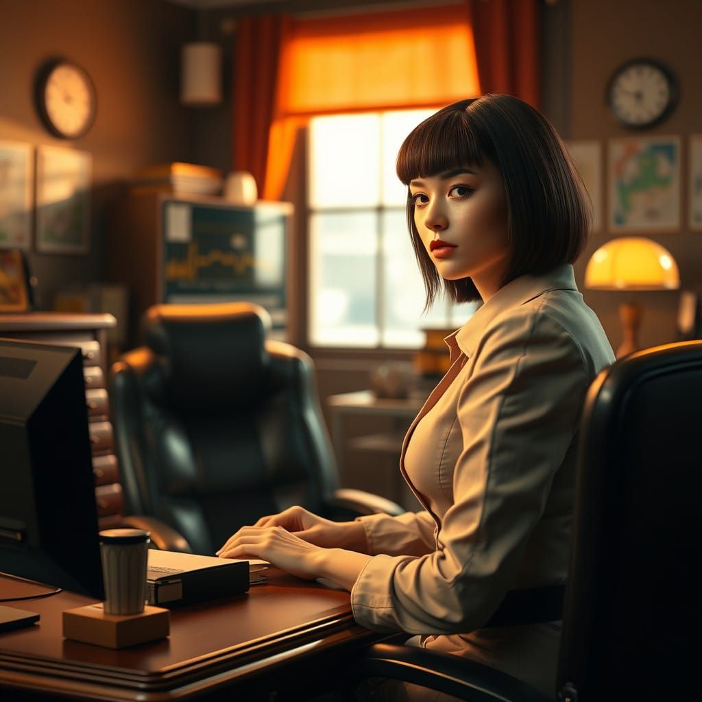 Retro-Futuristic Secretary in 1950s-Style Office Attire