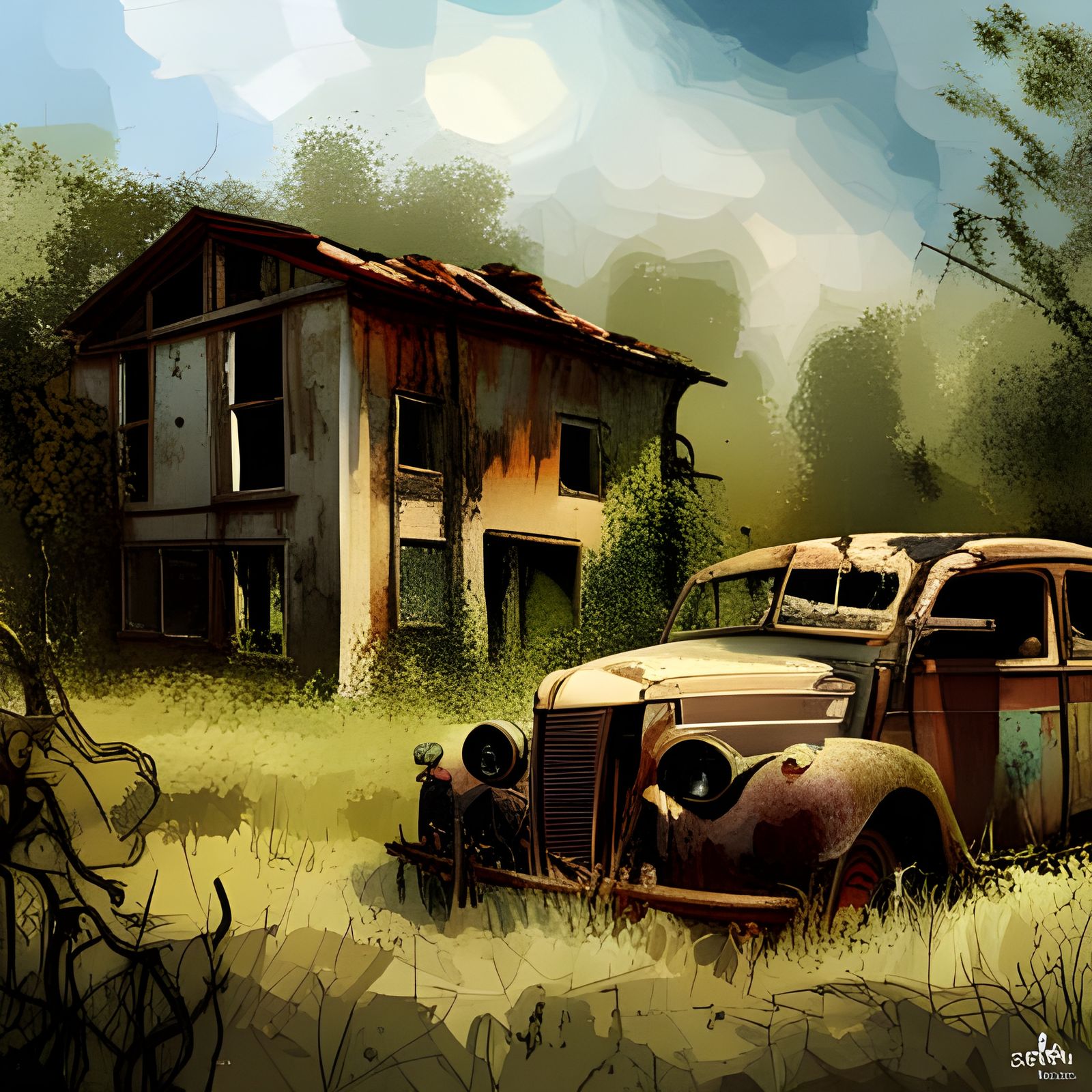 Desolate Ruins: Ukraine War in Digital Painting Style