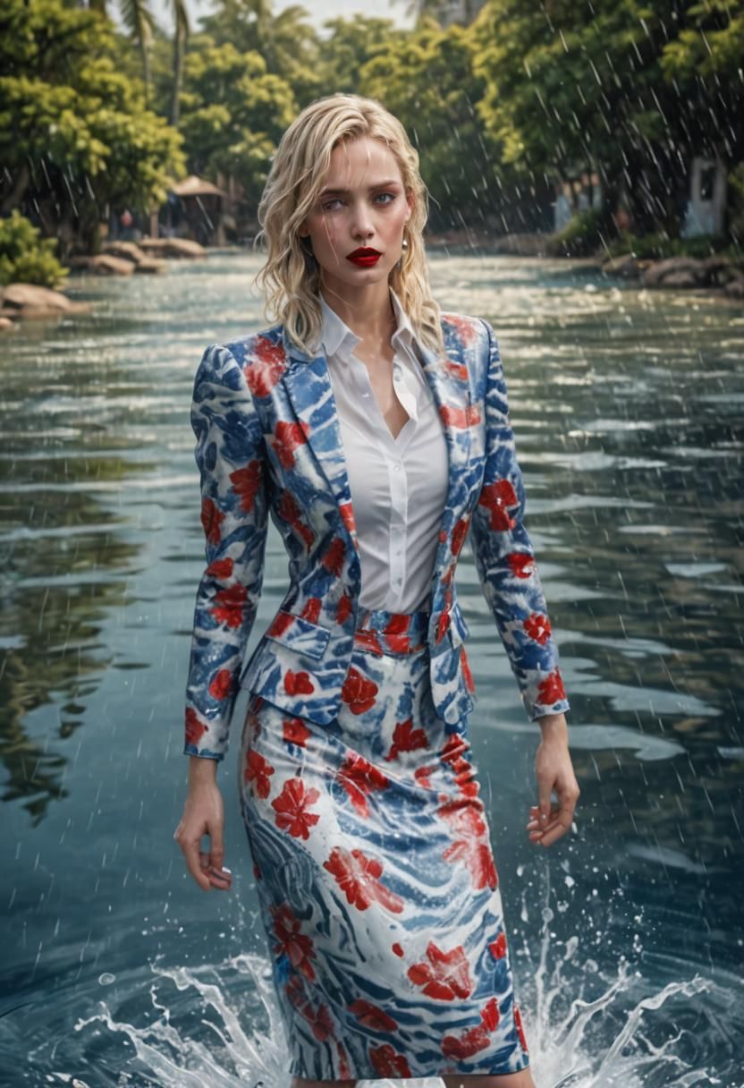 Glamorous Woman in Wet Skirt-Suit, Photorealistic