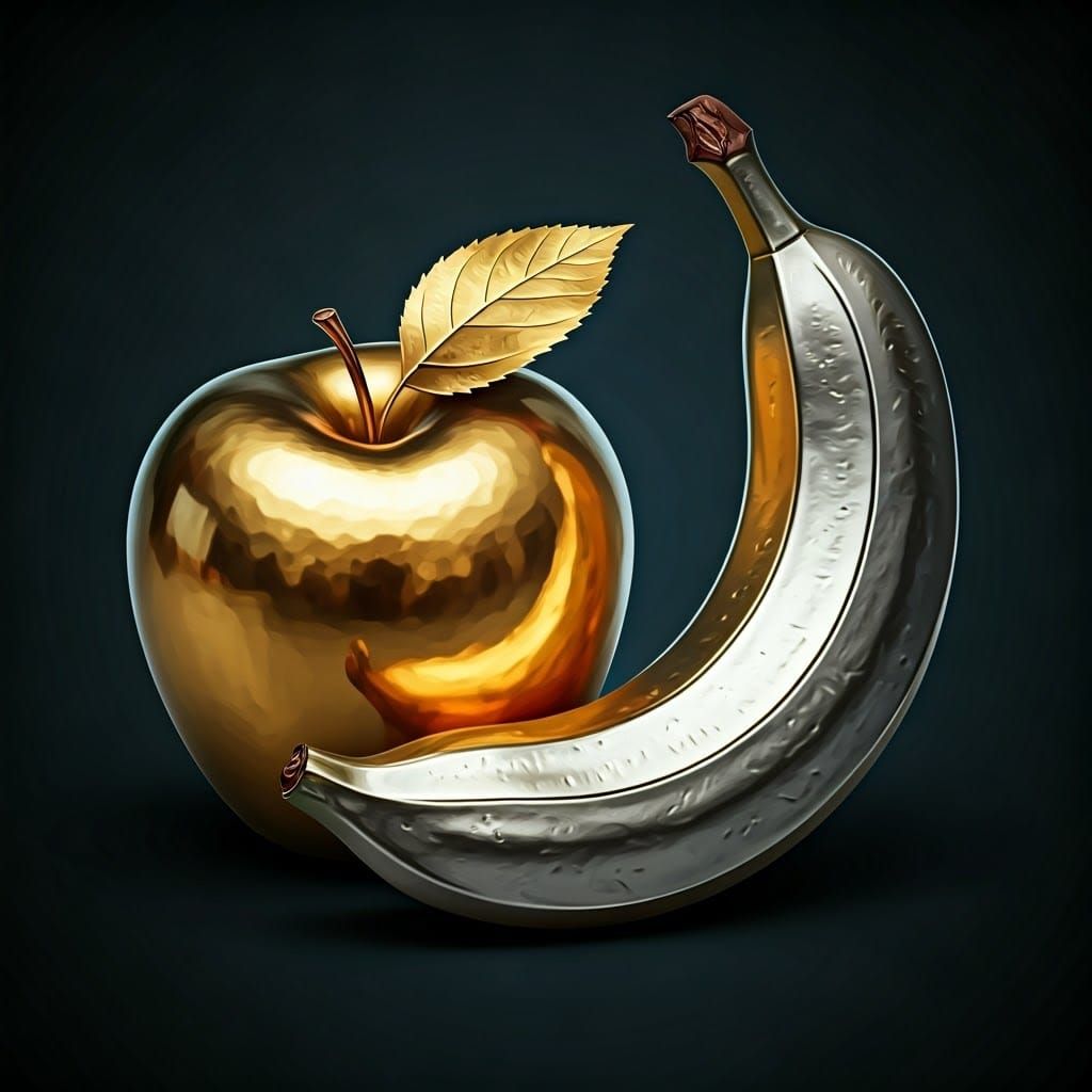 Gold Apple and Silver Banana Matte Painting