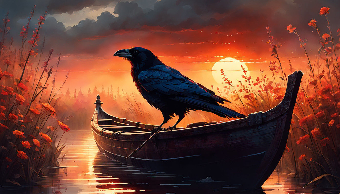 Dark Fantasy Raven in a Swampy Sunset