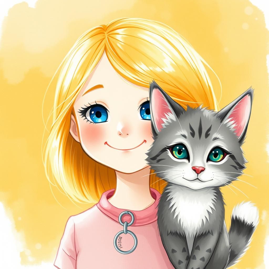 Girl Transforms into Kitty in Watercolor Style