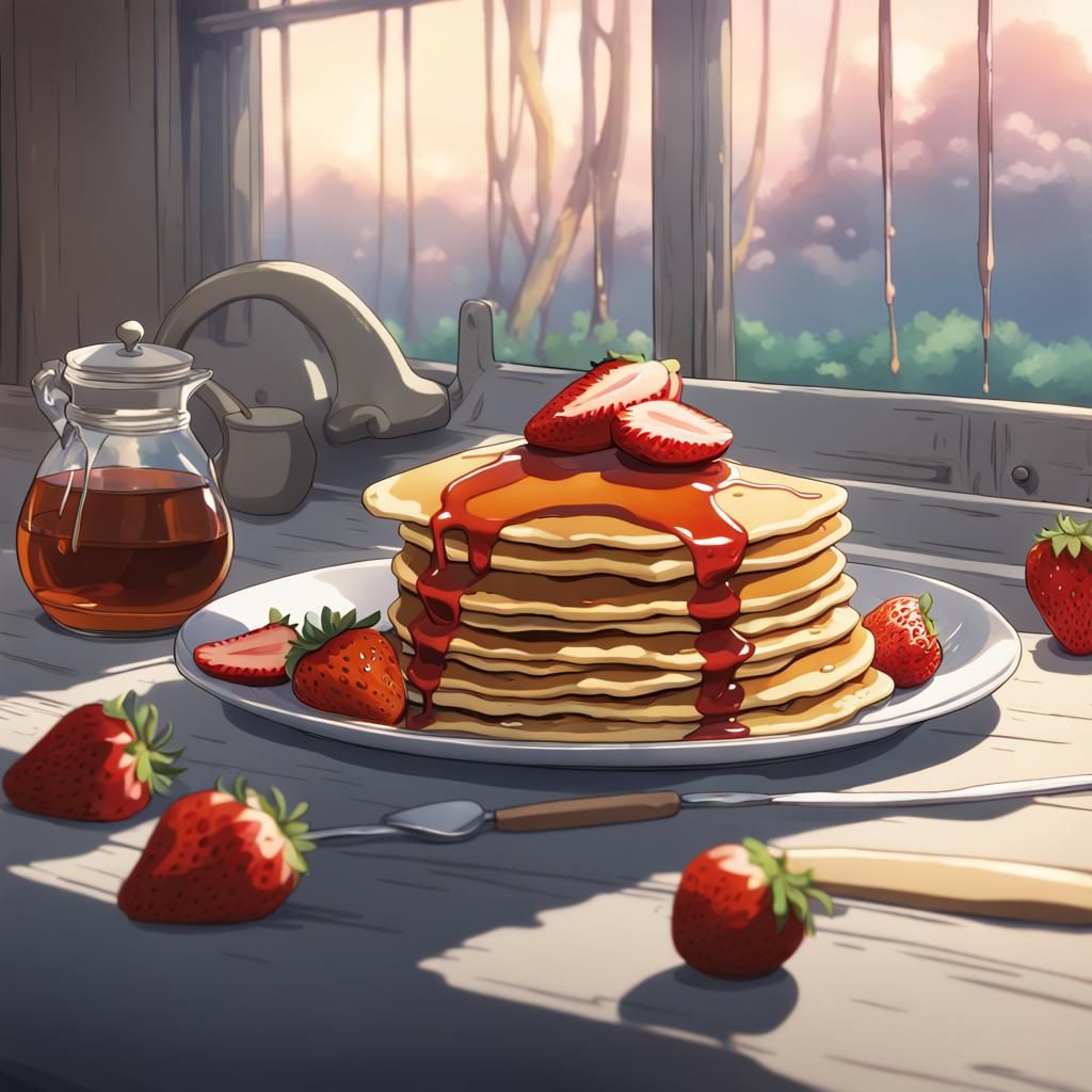 Pancake with Strawberries in Studio Ghibli Style