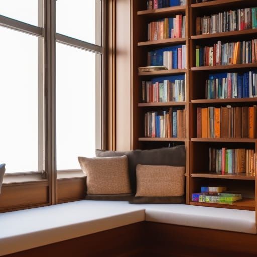 Hyperrealistic Nook with Books and Window Seat