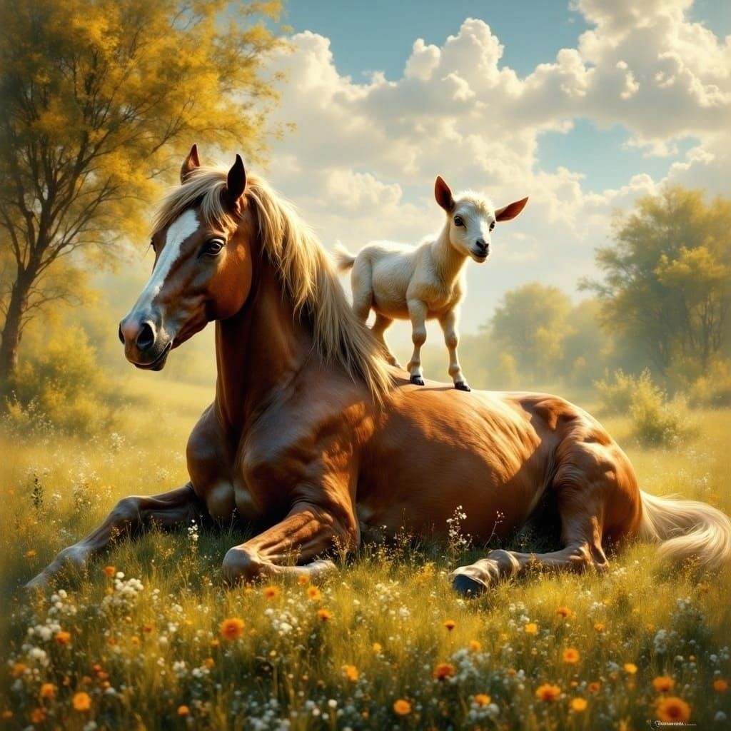 Cute Goat Rides Majestic Horse in Whimsical Fantasy Scene
