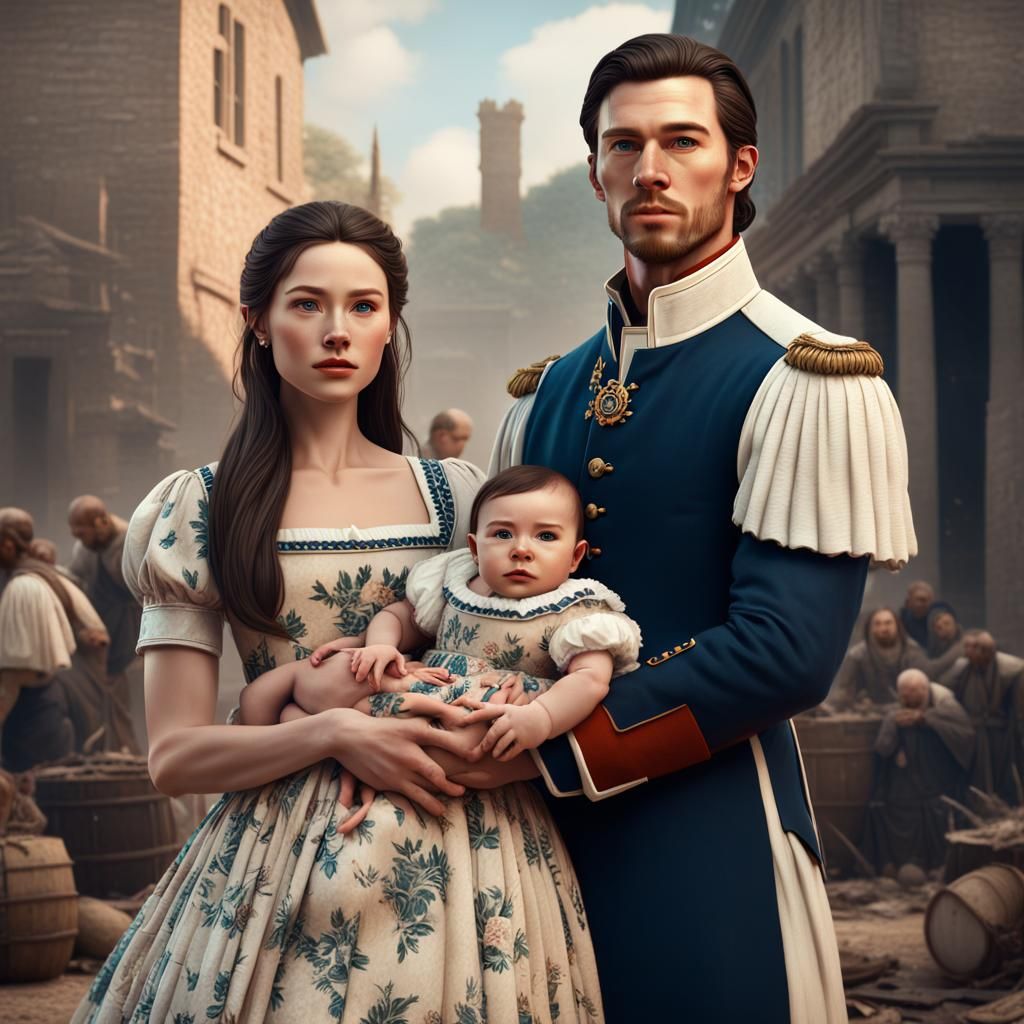 Revolutionary War Couple with Baby, Detailed Digital Art