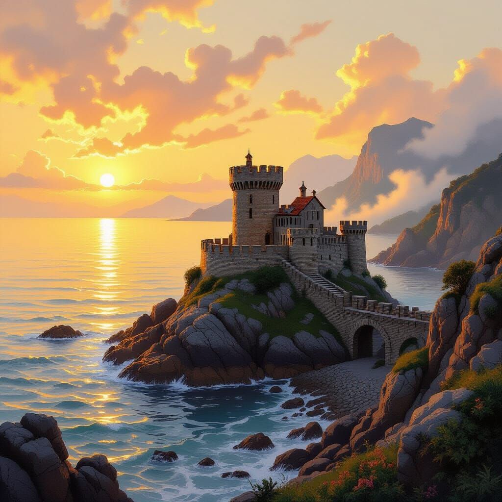 Fortress at Dawn: A Romantic Oil Painting