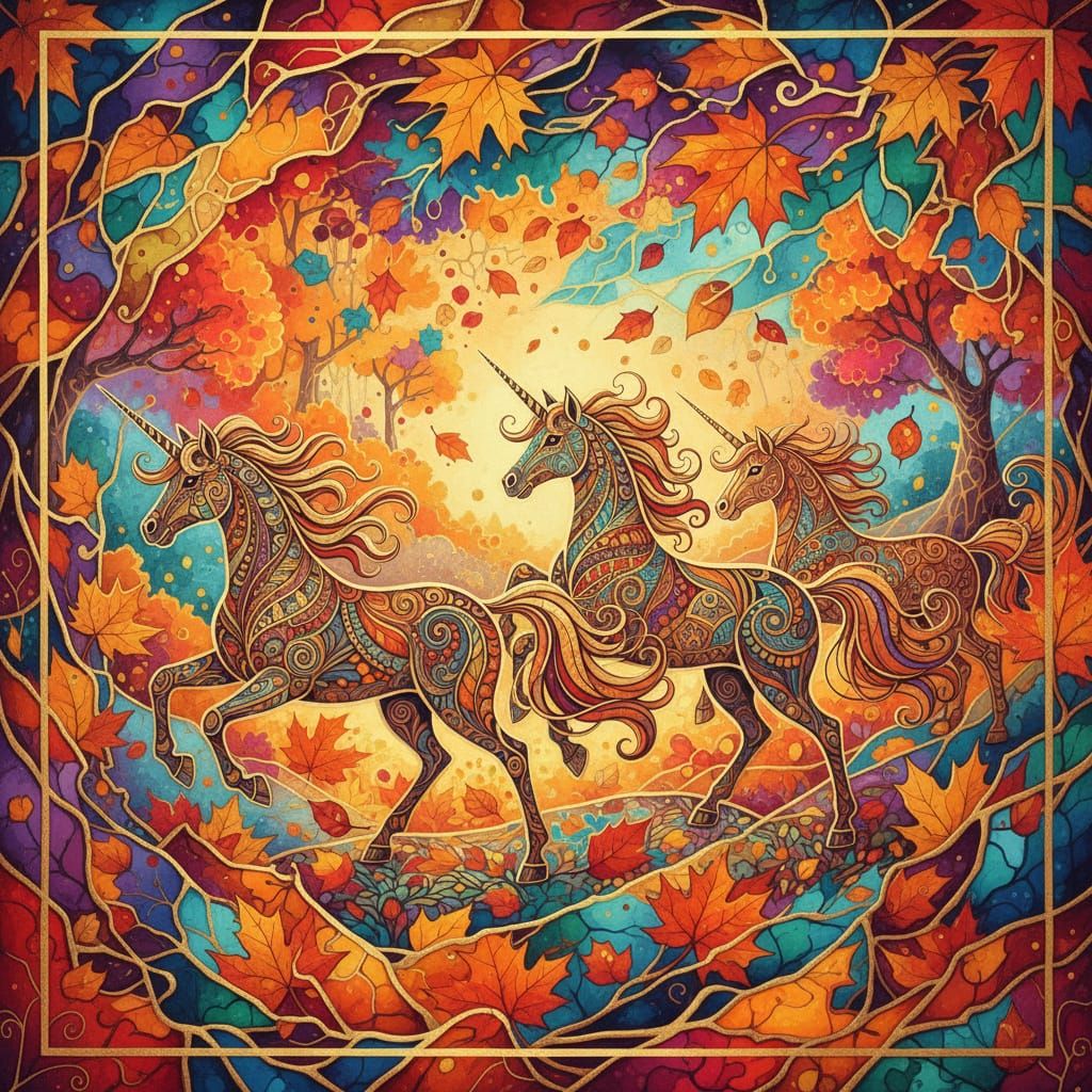 Intricately detailed alcohol ink illustration, unicorns play...