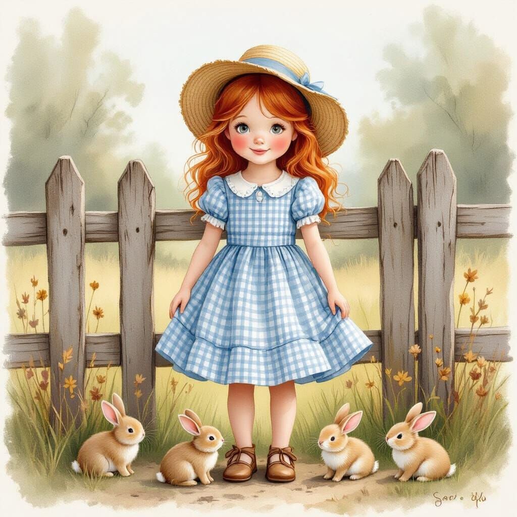 Redhead Country Girl with Bunnies in Sarah Kay Style