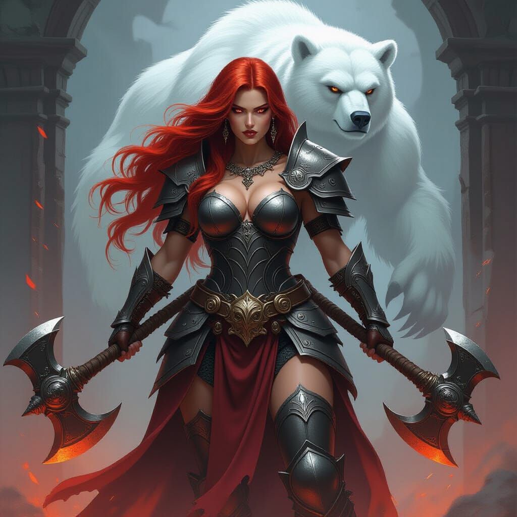 Female Berserker With Two Axes and Spectral Bear