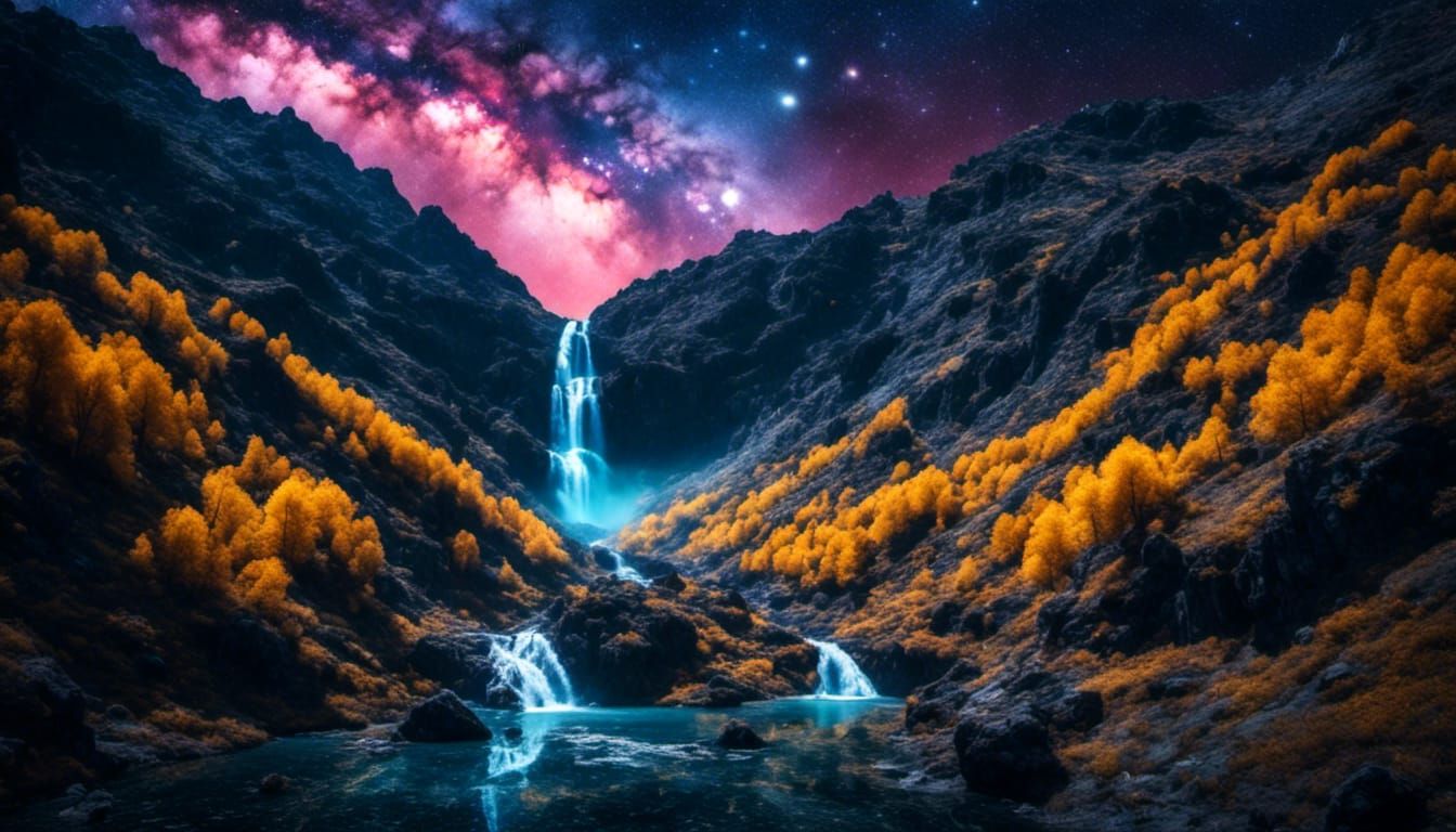 Galactic Waterfall with Train in Starry Night