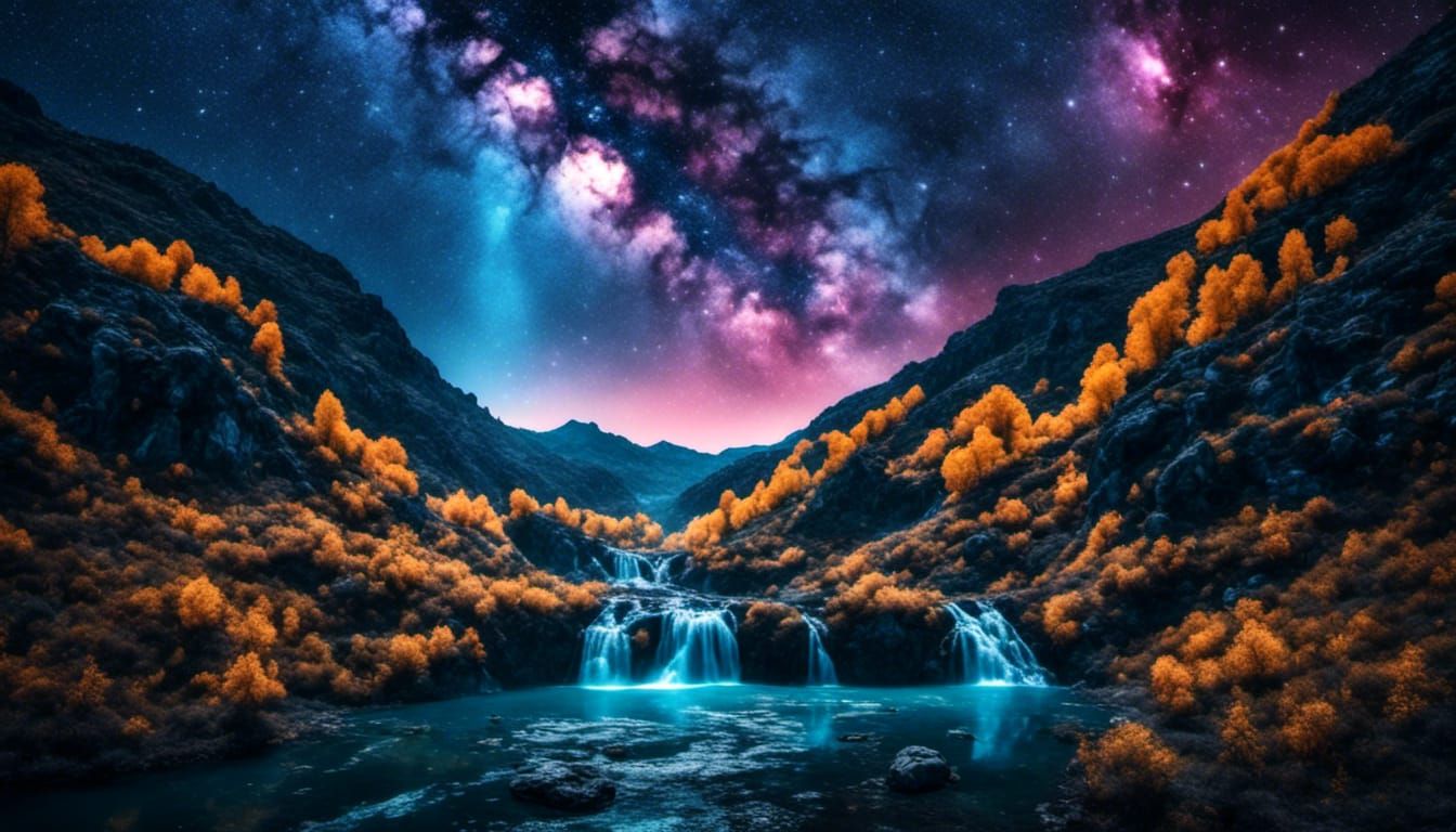 Galaxy Waterfall with Train at Night