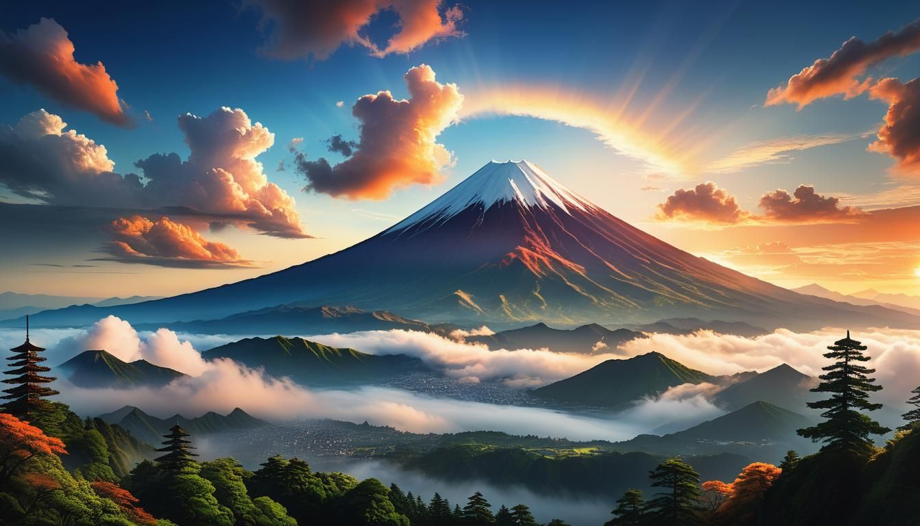 Ethereal Mount Fuji in Vibrant Panoramic Landscape
