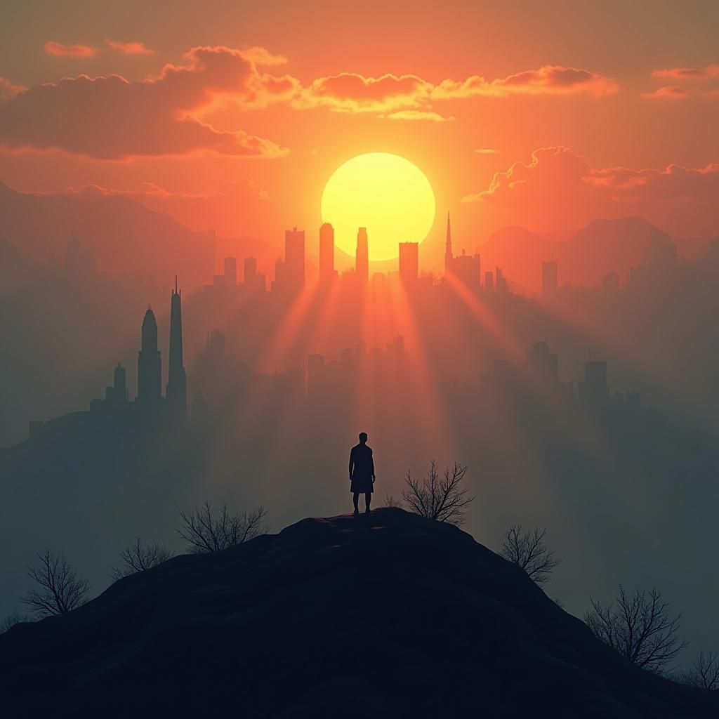Ethereal Sunrise Over Mystical Cityscape: Fantasy Concept Ar...