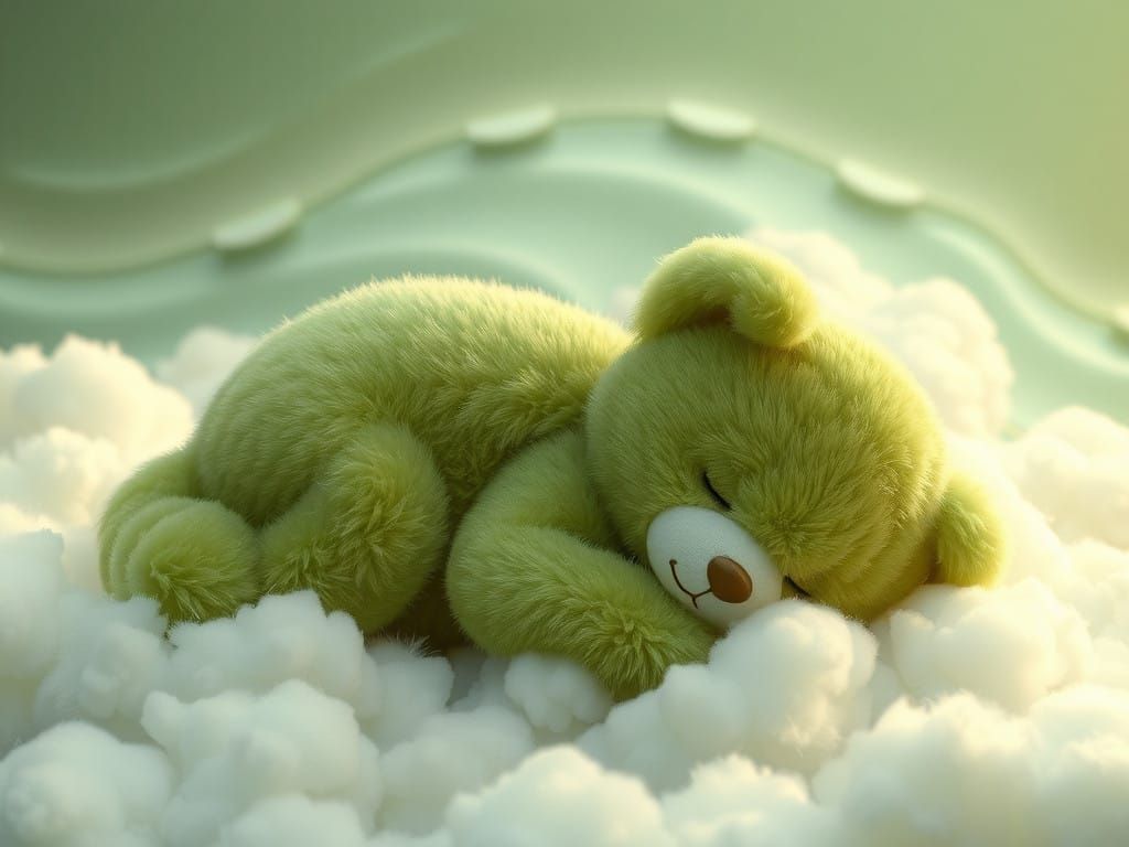 Dreamy Green Teddy Bear Amidst Clouds and Curvy Lines