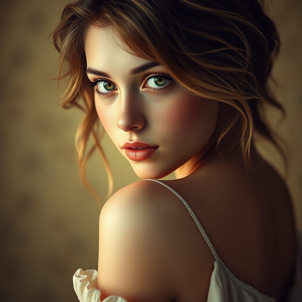 A young woman with captivating green eyes and tousled hair gazes over her shoulder. The warm, soft lighting enhances her...