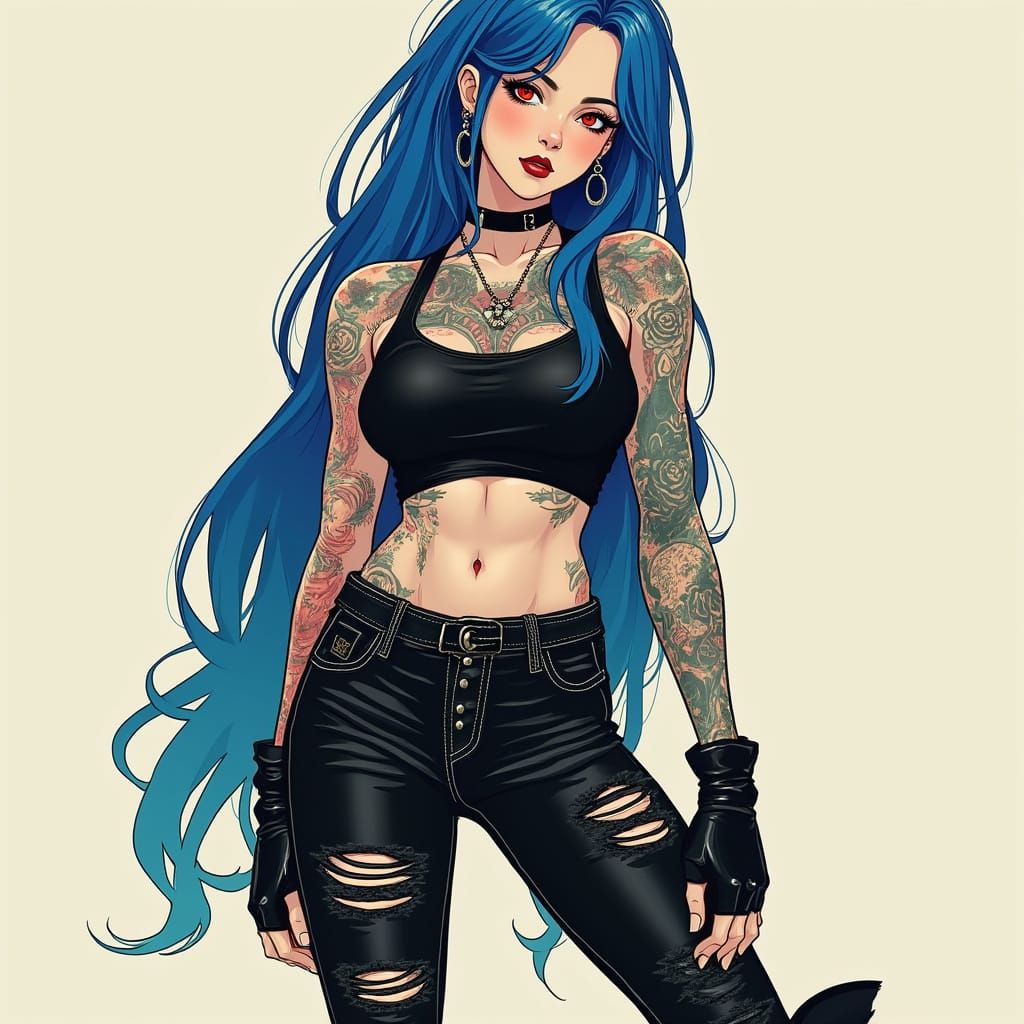Edgy Portrait of Tattooed Girl in Kim Loish Style