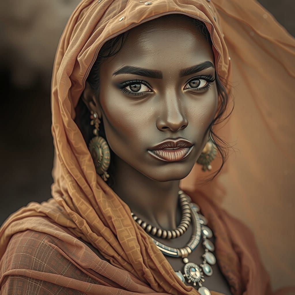 Hyperrealistic Portrait of Woman in Desert Fabrics