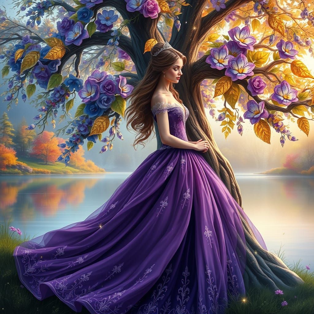 Beautiful Lady in Purple Gown by Sparkling Tree