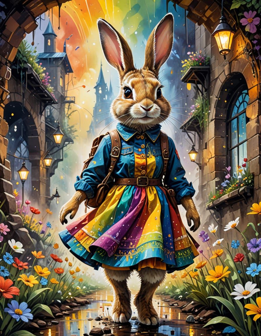 Steampunk Rabbit Explorer in Colorful Night City
