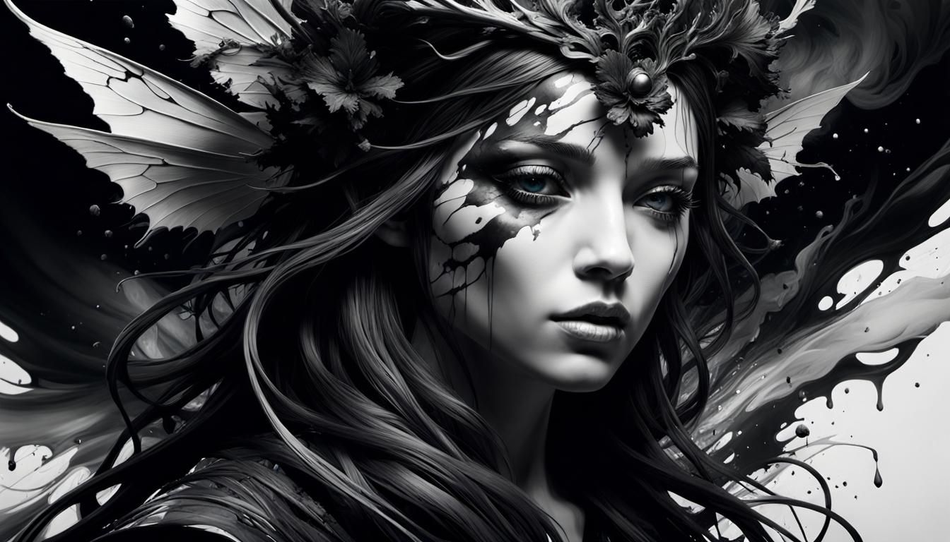 Dark Fairy Goddess in Black and White Inkblot Style