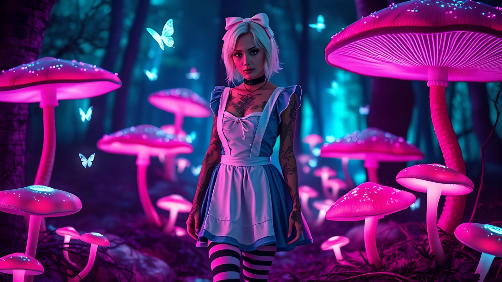 Cyberpunk Alice in Wonderland in Bioluminescent Forest