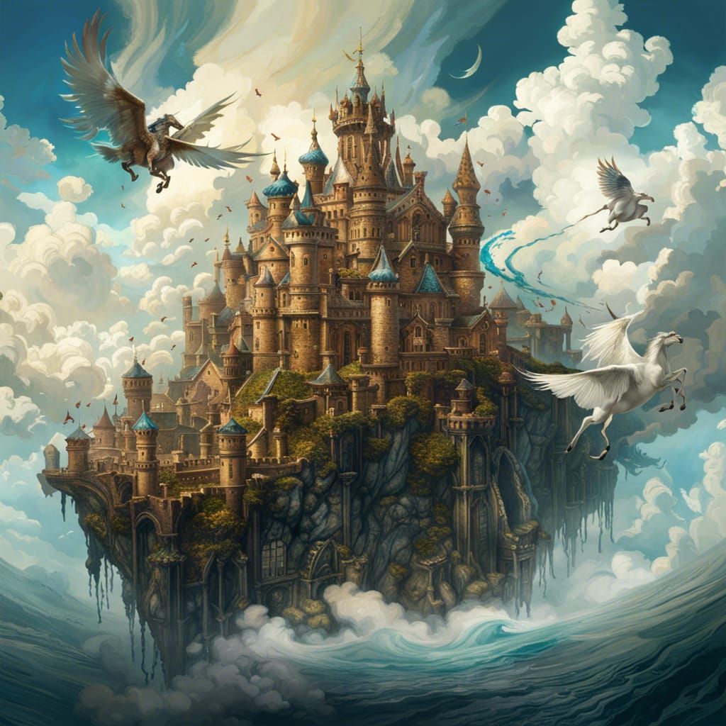 Pegasi flying around castle